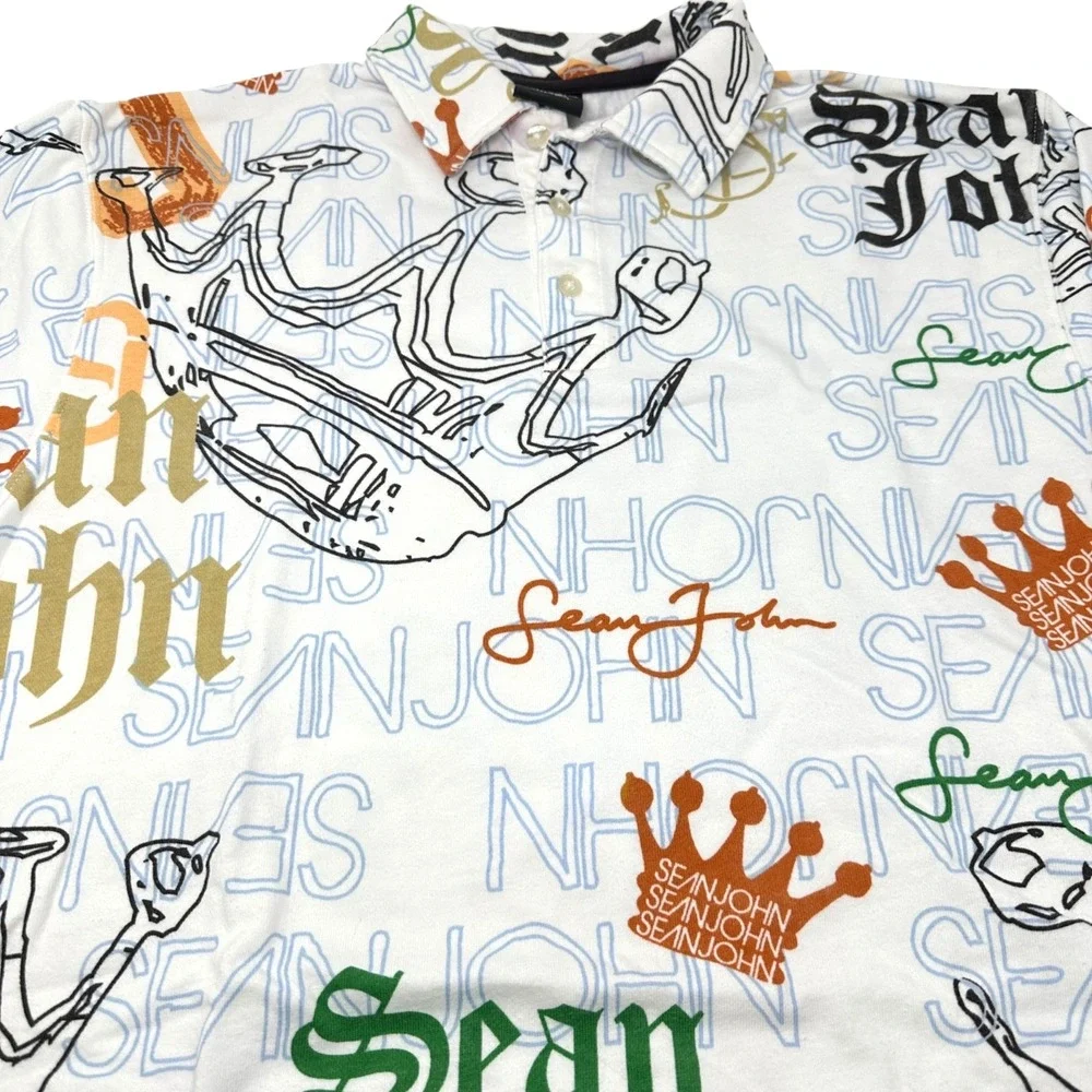 SEAN JOHN Men's White AOP Short Sleeve Polo Shirt Size Small (tagged 16-18)‎